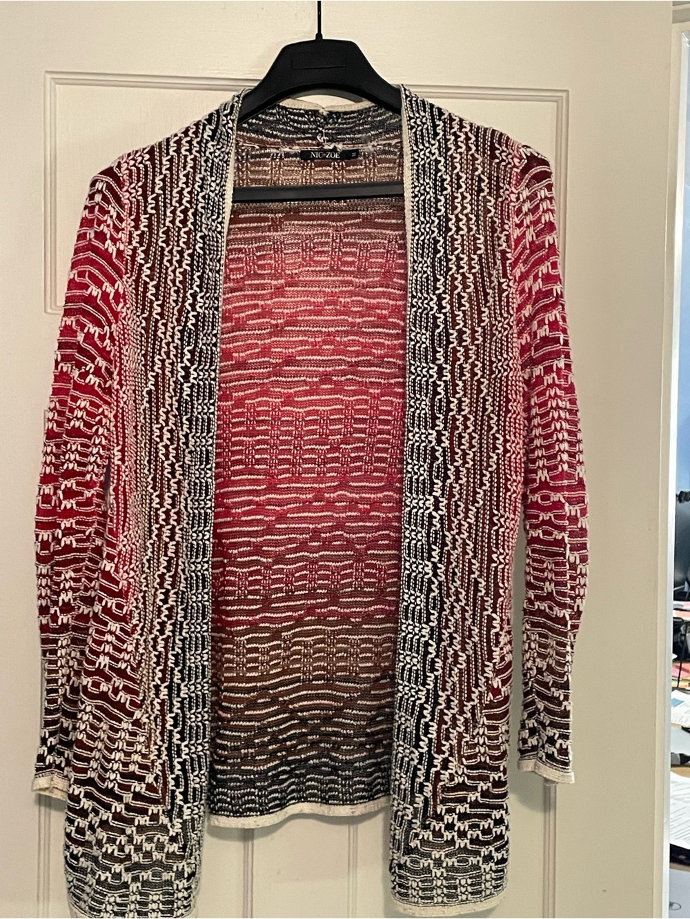NIC+ZOE Red/Brown/White Open-Front Knit Cardigan